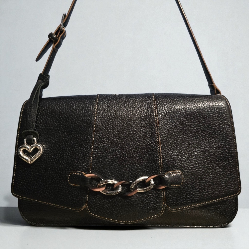 Brighton Black Pebbled Leather Chain & Flap Shoulder Bag